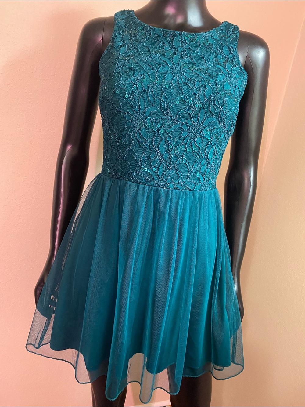 Speechless Teal Lace & Sequin Chiffon Party Dress